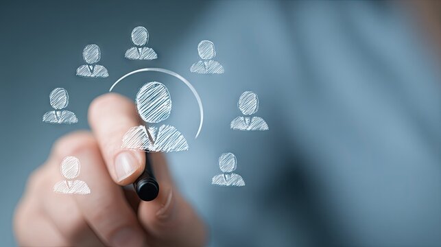 A hand draws a network of sketched people icons.