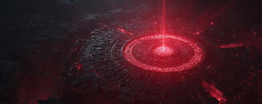 Fossilized AI interface tablet glowing under red starlight in techno-archaeology site