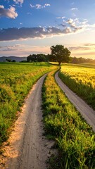 Obraz premium Serene Country Road with Lush Green Fields and Majestic Tree