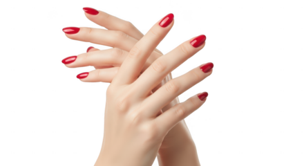 Elegant red manicured hands intertwined isolated on transparent background