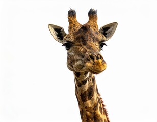 Obraz premium Close-up of a giraffe's head and neck against a plain white background, showcasing its unique markings and features.