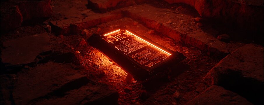 Fossilized AI interface tablet glowing under red starlight in techno-archaeology site