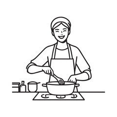 Black and White Vector Illustration of a Smiling Woman Cooking in Kitchen with Apron and Headband