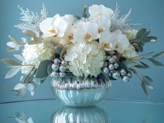 A tranquil and elegant New Year's floral arrangement featuring pristine white orchids, delicate silver brunia berries and lush white hydrangeas meticulously arranged in a clear glass vase