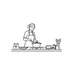 Black and White Vector Illustration of a Smiling Woman Cooking in Kitchen with Apron and Headband