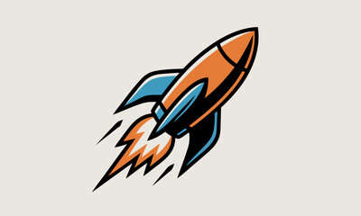 Stylized orange and blue rocket ship with fiery exhaust.