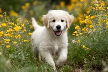 Adorable golden retriever puppy playing in a vibrant flower field