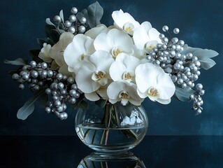 A tranquil and elegant New Year's floral arrangement featuring pristine white orchids, delicate silver brunia berries and lush white hydrangeas meticulously arranged in a clear glass vase