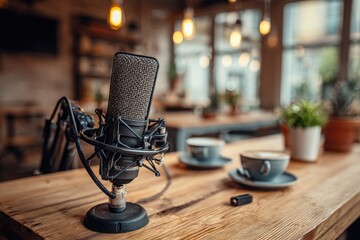 Vintage Microphone in Cozy Cafe Setting with Coffee and Plants
