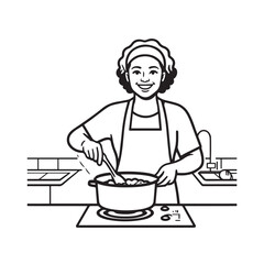 Black and White Vector Illustration of a Smiling Woman Cooking in Kitchen with Apron and Headband