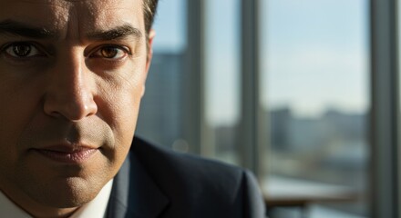 A closeup of a mans face in a suit gazing intensely at the viewer against a blurred city backdrop