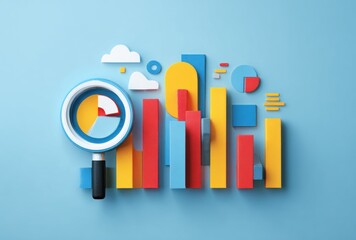 3D rendered data visualization features bar graphs, pie chart, magnifier, and clouds in a cartoonish style against a light blue background