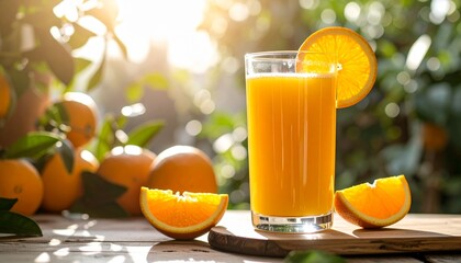 Naklejka premium Glass of Fresh Squeezed Orange Juice in a Sunny Orchard.