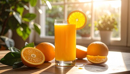 Glass of fresh orange juice with oranges on a wooden table in the morning sun.