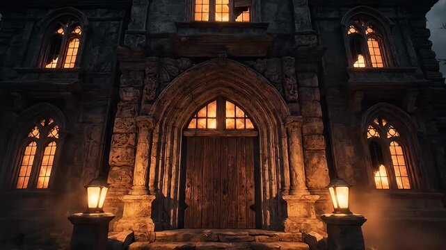 Eerie Gothic Mansion Entrance at Dusk with Glowing Windows and Ominous Atmosphere