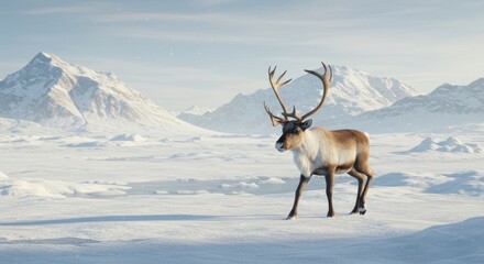 A reindeer strides across a snowy field mountains looming in the wintry background