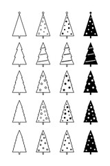 Christmas tree, set of icons, graphic black and white illustration, vector, flat design. A festive element for design, decorations, and postcards. A Christmas tree decorated with toys, a symbol 