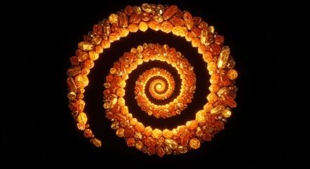 A spiral made of goldcolored gems illuminated against a black background
