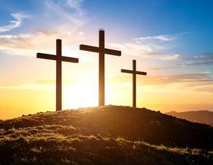 Three crosses silhouetted against a vibrant sunset over a hill