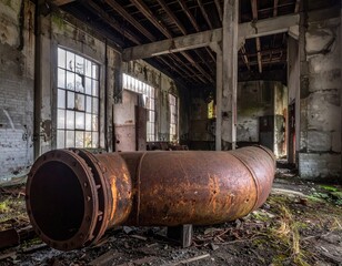 Abandoned Industrial Space with Rusty Pipe and Decaying Walls