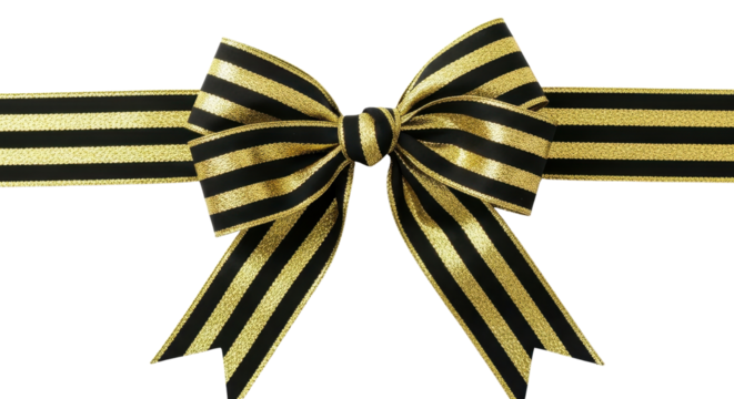 Black and gold ribbon bow tied with stripe pattern isolated PNG with Transparent Background