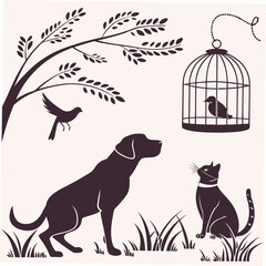 silhouette dog cat bird