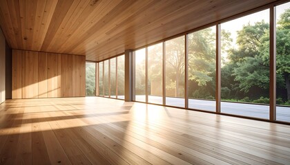 Empty modern wooden room with large windows