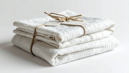 A neat stack of fresh white cotton towels or blankets tied with twine and a tag.