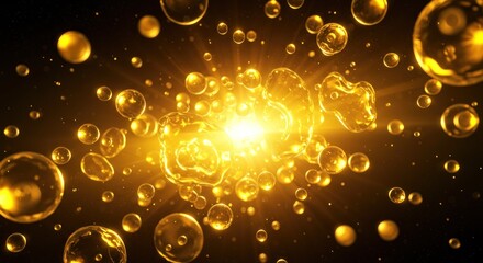 Gold fluid blobs cluster in a burst of shining light against a dark background