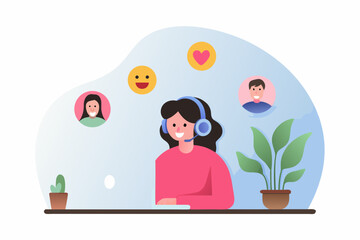 Friendly customer service representative wearing headset and smiling while interacting with clients online