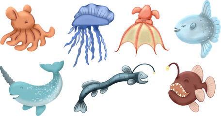 Cute Ocean Creatures Vector Illustrations © Nadina