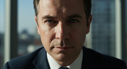 Headshot of a man in a suit focused on his face with a blurred cityscape visible through a window behind him