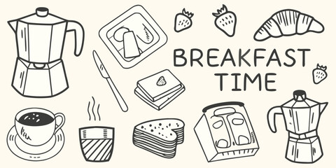 Hand drawn doodle illustration of breakfast items with the words breakfast time