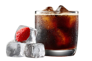 Refreshing iced coffee with strawberry in ice cubes, perfect for summer relaxation and enjoyment