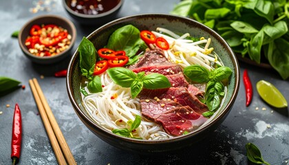 Aromatic bowl of traditional Vietnamese Pho Bo soup with rare beef and fresh herbs.