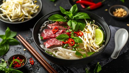 Traditional Vietnamese Pho Bo Soup with Raw Beef and Herbs.