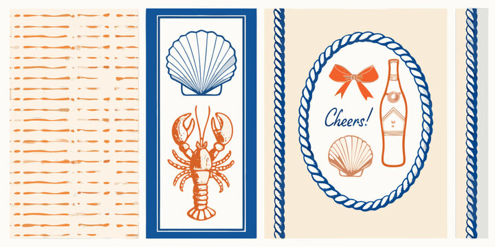 Nautical themed illustration with lobster seashell bow and bottle of wine with cheers text