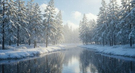 Snowcovered trees line a river reflecting the winter scene Snowflakes fall
