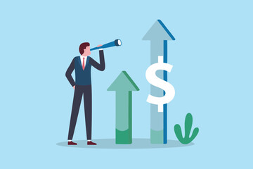 Businessman with telescope looking at rising financial graph and dollar sign symbolizing future growth