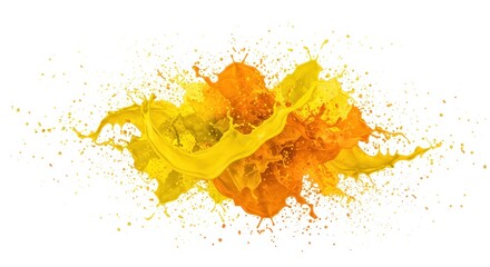 Splash of vibrant yellow and orange paints colliding against a clean white background