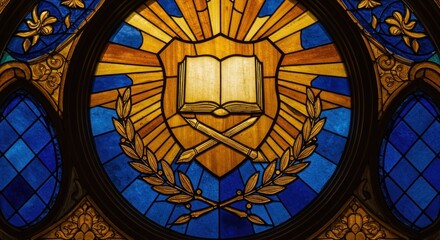 Stained glass Open book crossed quills shield sunburst design Blue and gold hues Ornate circular