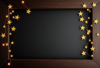 Dark wooden frame overflowing with twinkling gold stars on black background,  sky,  abstract