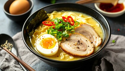 Delicious bowl of Japanese tonkotsu ramen with pork and egg.