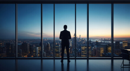 Fototapeta premium Visionary professional observes the vast cityscape from a high-rise office, contemplating future strategies and global opportunities at dawn.