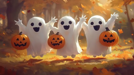 Three playful ghosts are joyfully dancing among colorful autumn leaves, each holding a carved pumpkin, This whimsical image is ideal for Halloween-themed decorations, invitations, or event promotions