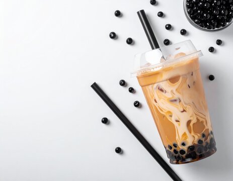Flat lay boba milk tea in cup wiht tapioka pearls on top view