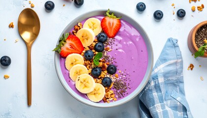 Healthy Purple Smoothie Bowl with Banana Strawberry Blueberry Granola and Chia Seeds.