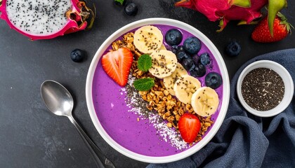 Healthy Dragon Fruit Smoothie Bowl with Banana Blueberry Strawberry and Granola Toppings.