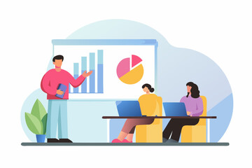 Man presenting business charts and graphs to colleagues in a modern office meeting