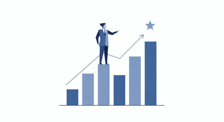 Strategic business success visualization A motivated leader stands atop an ascending bar graph, pointing towards an aspirational star, symbolizing achievement, growth, and future objectives.